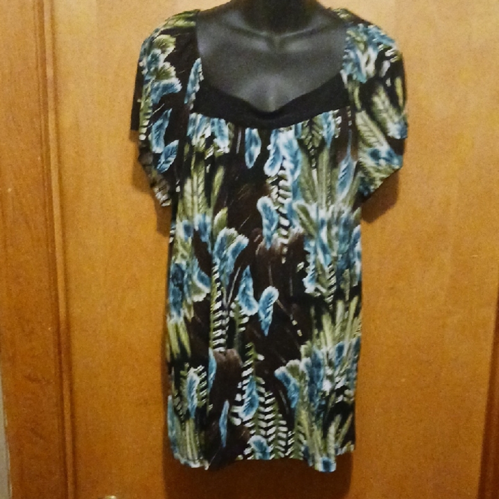 Blue and Green Puff Sleeve Ruffled Tunic